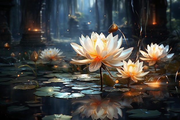 White pure lotus flower with green leaves on still water in sunshine with sparkles and shimmering li