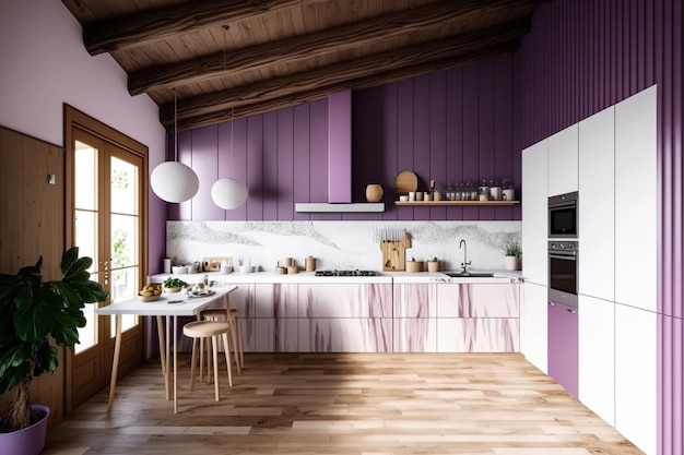 White and purple colors are used in this modern wooden kitchen Bamboo wallpaper a parquet floor and a beam ceiling Interior design by Japandi