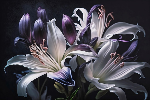 White and purple lilies on dark background close up