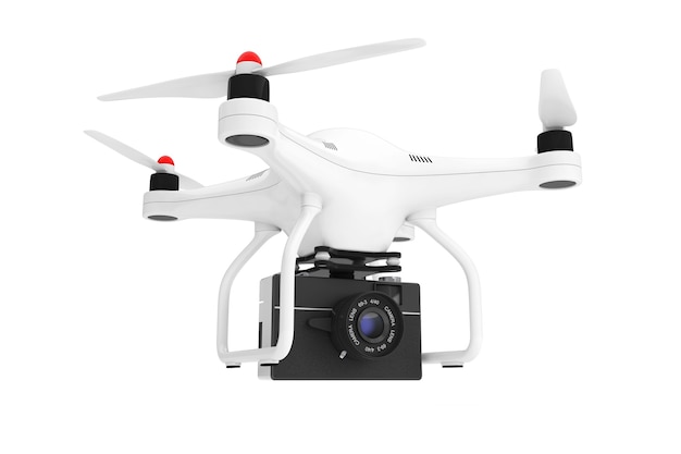 사진 흰색 바탕에 오래 된 빈티지 사진 카메라와 함께 흰색 quadrocopter. 3d 렌더링.