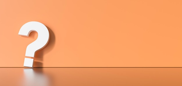 Photo white question mark on orange background with empty space on left side. 3d rendering