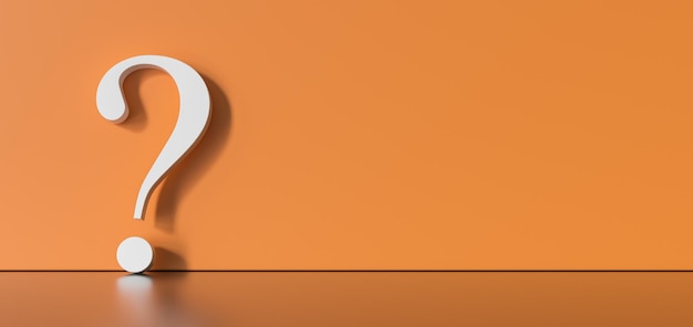 Photo white question mark on a orangebackground with empty copy space on left side. 3d rendering