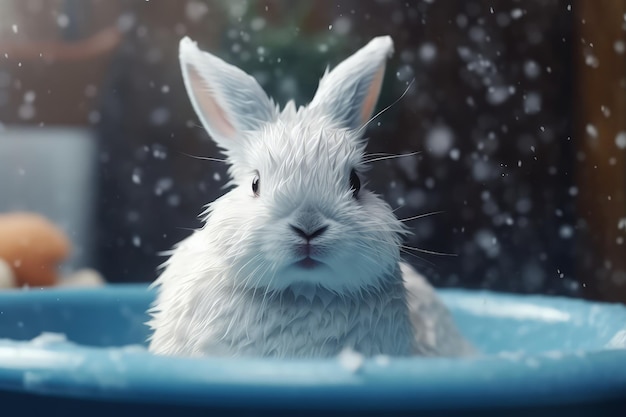 A white rabbit in a blue tub with water drops on it