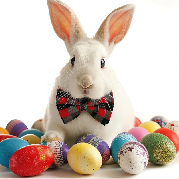 Photo white rabbit in a bow tie surrounded by easter eggs