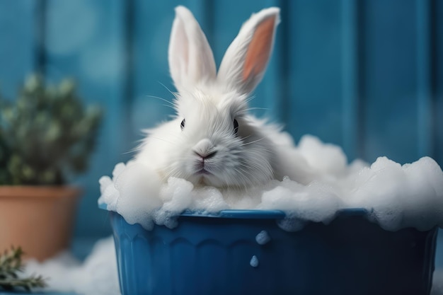 A white rabbit in a bowl of foamy water