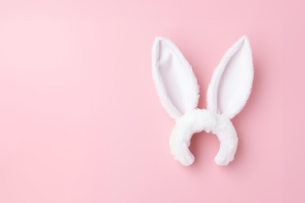 White rabbit ears headband on a light pink background with copy space Easter concept