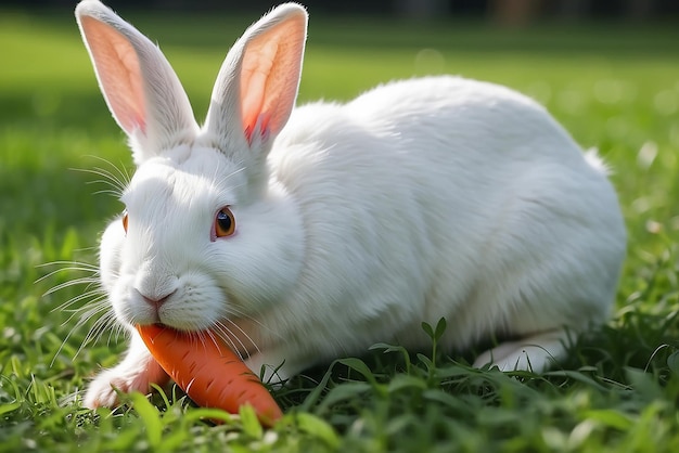 Photo a white rabbit eating a carrot on green grass