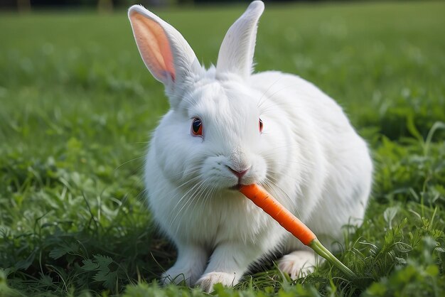 Photo a white rabbit eating a carrot on green grass