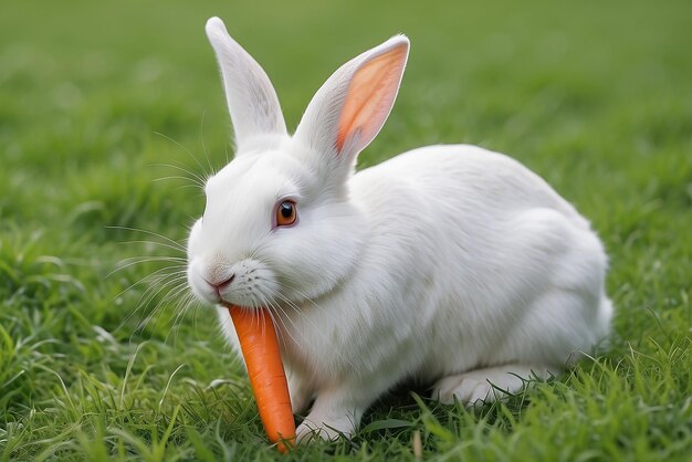 Photo a white rabbit eating a carrot on green grass