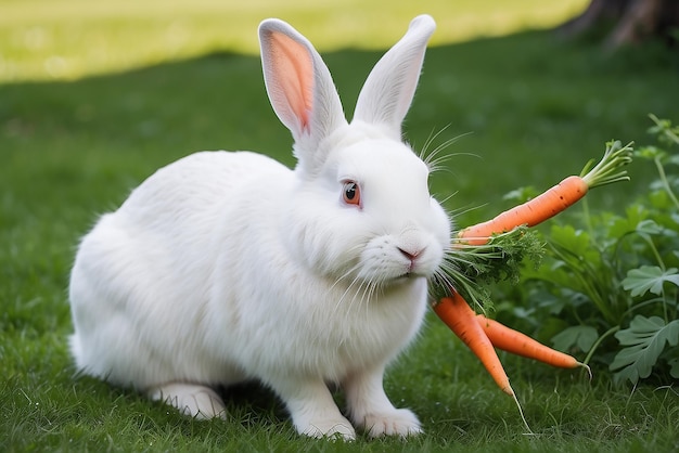 Photo a white rabbit eating a carrot on green grass