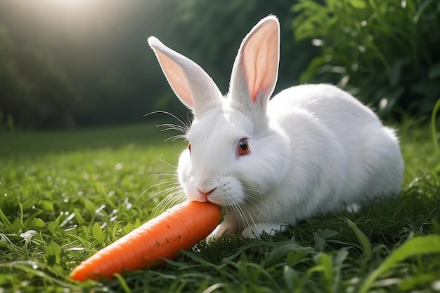 Photo a white rabbit eating a carrot on green grass