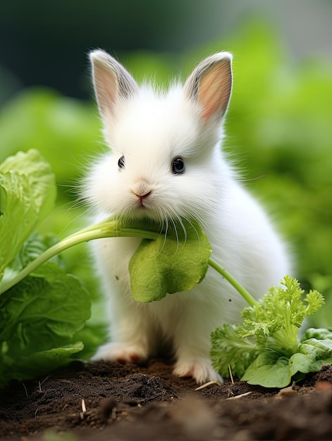 a white rabbit eating a leaf