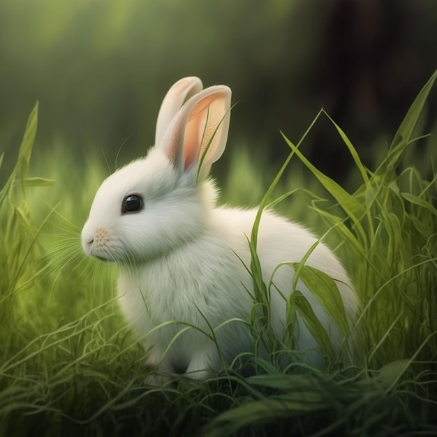 A white rabbit in the grass with the word bunny on it