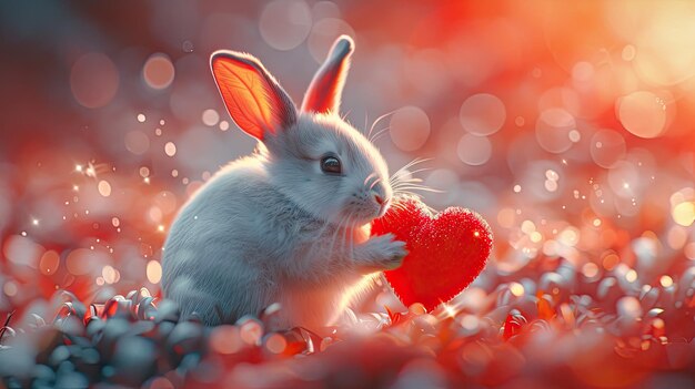 写真 白いウサギが爪に赤い心臓を握っている