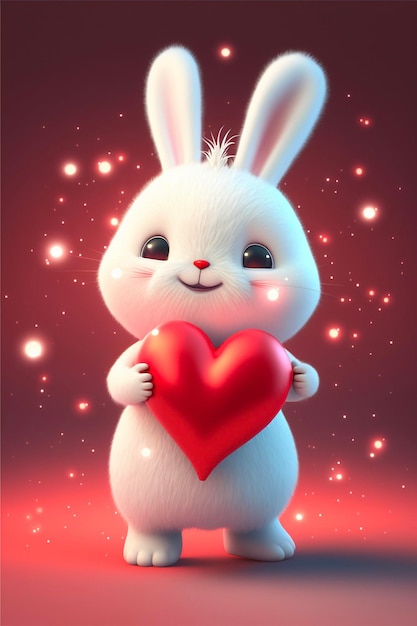 White rabbit holding a red heart in its paws generative ai