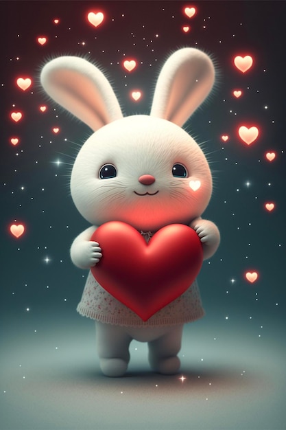 White rabbit holding a red heart in its paws generative ai