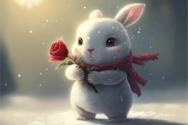 雪の中で赤いバラを持つ白ウサギの生成ai
