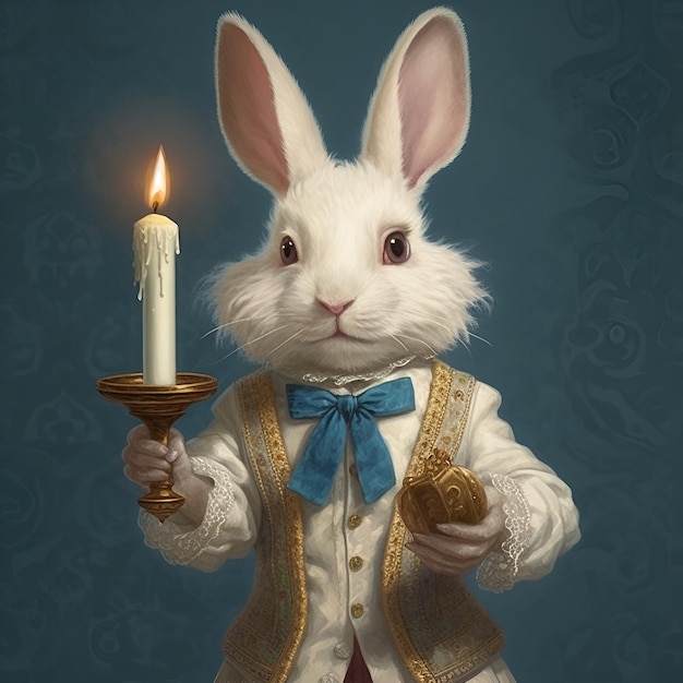 White rabbit holds candle Generative ai