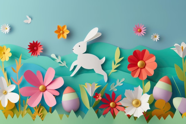 Белый кролик прыгает среди цветов и яиц на поле.