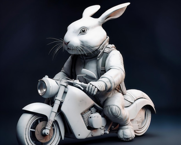 A white rabbit is riding a motorcycle with a helmet on