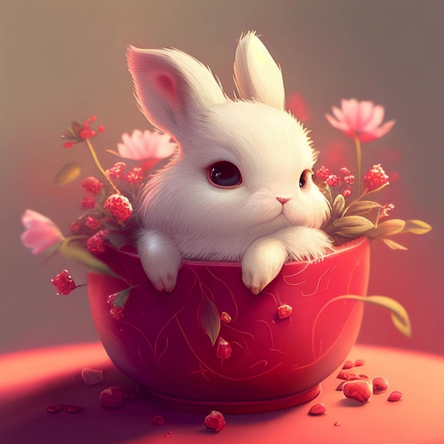 White rabbit is sitting in a red cup generative ai