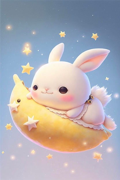 White rabbit laying on top of a yellow moon generative ai