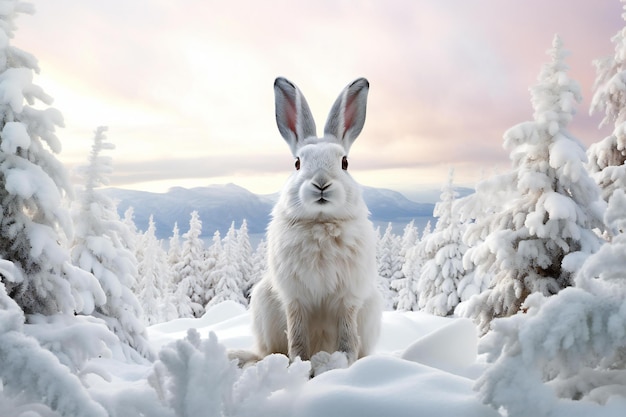 White rabbit in the mountains in winter The concept of Christmas and New Year