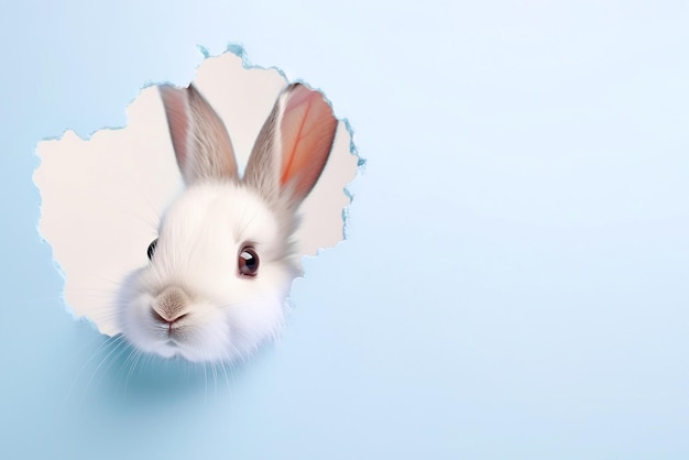 White rabbit peaks in surprise through a hole in the paper on a pastel blue background copy space