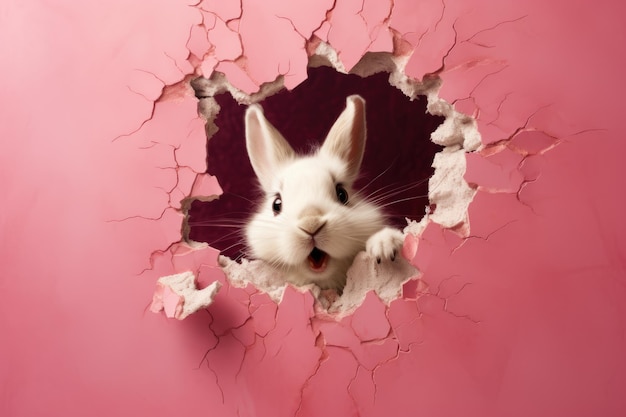 Photo white rabbit peeking through a pink paper hole