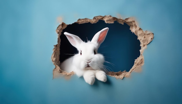 Photo white rabbit peering through paper hole