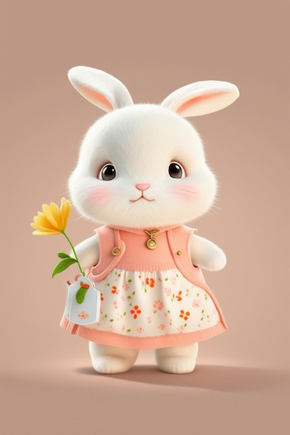 White rabbit in pink dress with flower her hand generative ai