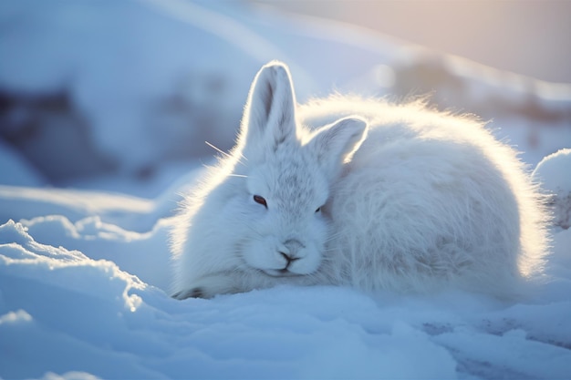 A white rabbit rests in the snow with the sun shining on its face.