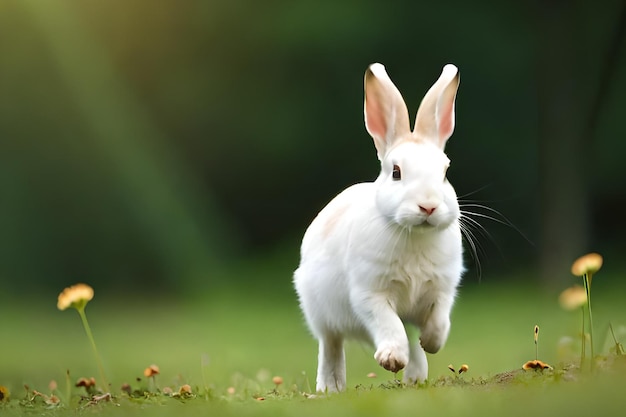 A white rabbit runs across a field with green grass in the background.