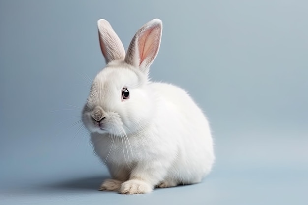 A white rabbit sits on a blue background