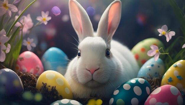A white rabbit sits among colorful easter eggs.