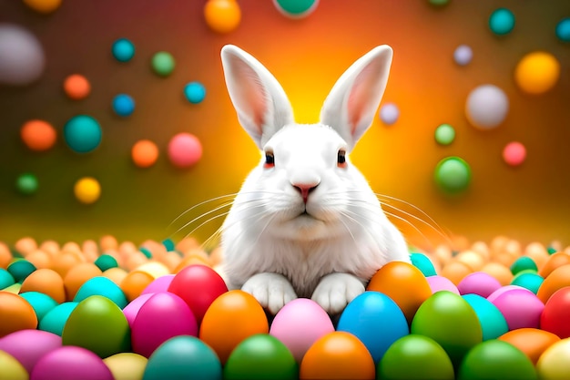 A white rabbit sits among colorful easter eggs.