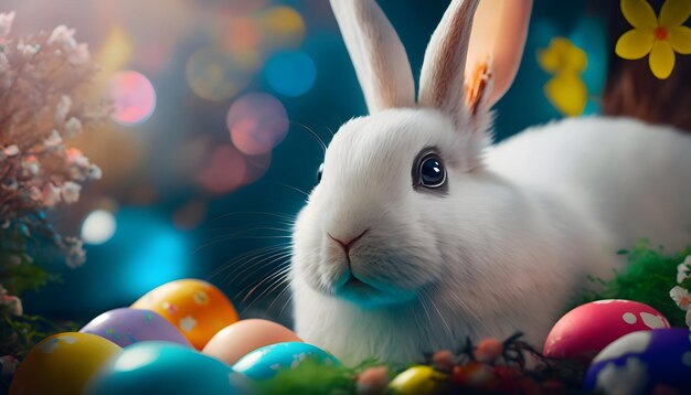 A white rabbit sits among easter eggs