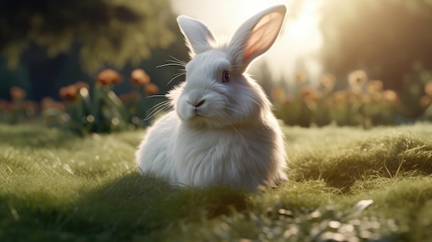 A white rabbit sits in a field with a sunset in the background.