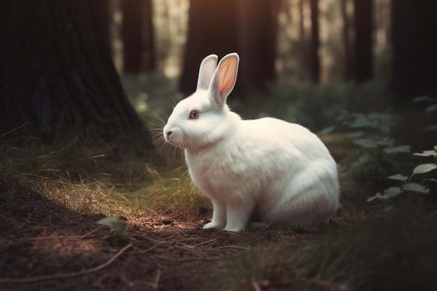 A white rabbit sits in a forest with the sun shining on its face.