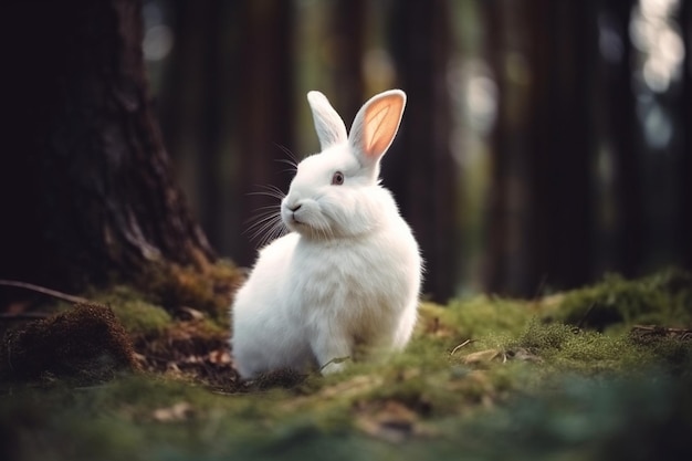 A white rabbit sits in a forest with the sun shining on its face.