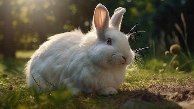 A white rabbit sits in the grass in front of a sunset.