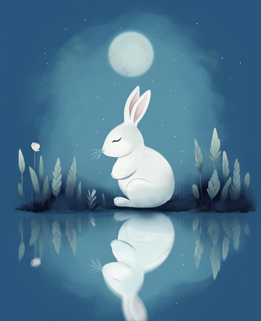 A white rabbit sits in the grass next to a moonlit night.