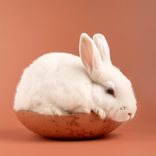 A white rabbit sits inside a cracked egg.