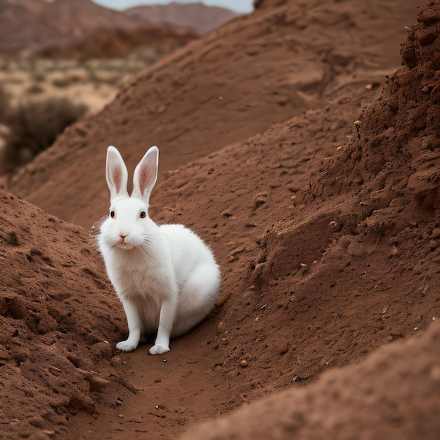 A white rabbit sits on a red dirt trail in the desert.
