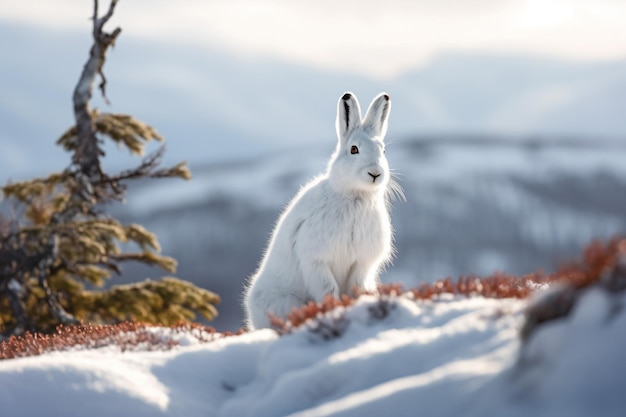 Photo a white rabbit sits in the snow in the mountains.