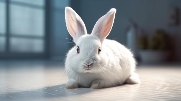 A white rabbit sits on a tiled floor in a room with a window behind it.