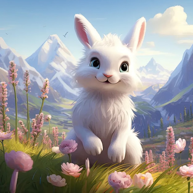 A white rabbit sitting in a field of flowers