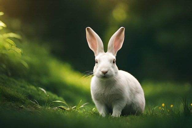 White rabbit sitting on the grass in the garden