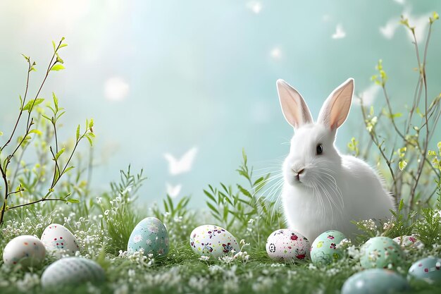 写真 白いウサギが卵を持って草の上に座っている 生成人工知能