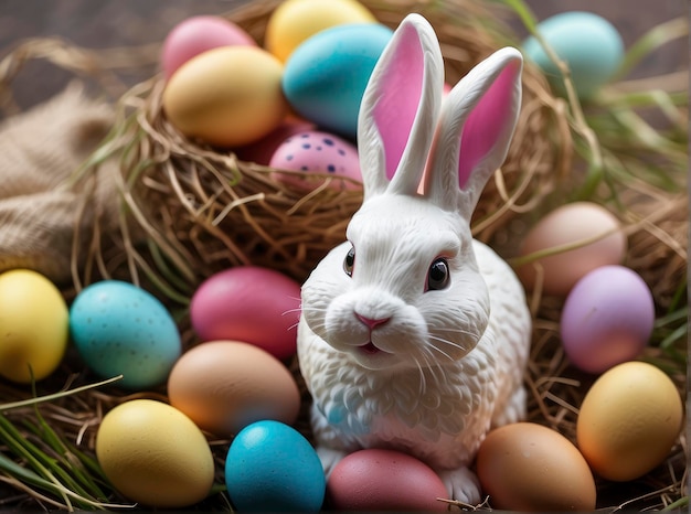 a white rabbit sitting in a nest with eggs in its mouth